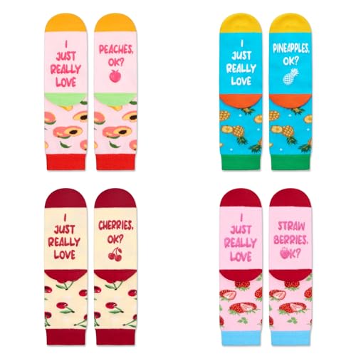 Funny Socks for Teen Girls Cotton Crew Socks, Cute Fruit Socks Strawberry Pineapple Cherry Peach 4 Pack 7-9 Years