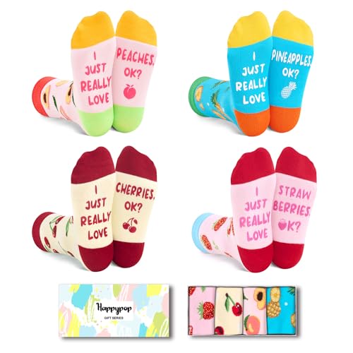 Funny Socks for Teen Girls Cotton Crew Socks, Cute Fruit Socks Strawberry Pineapple Cherry Peach 4 Pack 7-9 Years