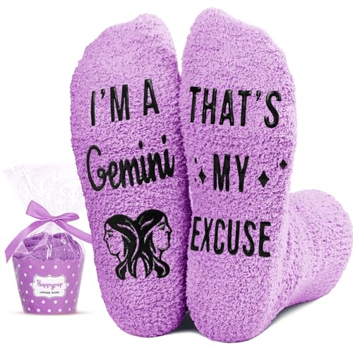 Gemini Zodiac Birthday Astrology Constellation Horoscope Gifts for Women Teen Girls, Fuzzy Purple Fluffy Purple Space Galaxy Gemini Socks Teens