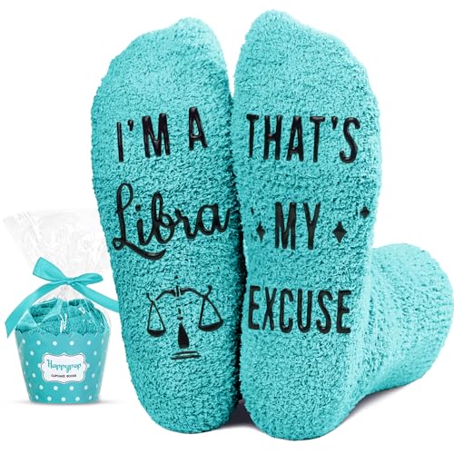 Funny Crazy Astrology Space Libra Zodiac Constellation Horoscope Gifts for Women Teen Girls, Fuzzy Fluffy Star Galaxy Libra Socks