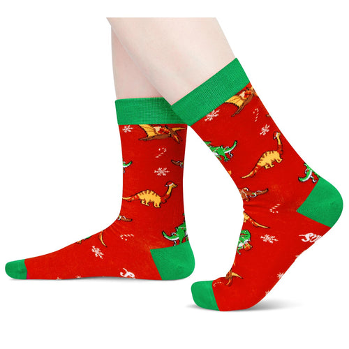 Christmas Gifts Stocking Socks for Men Women - Christmas Socks Red Dinosaur Socks for Teen Boys Girls