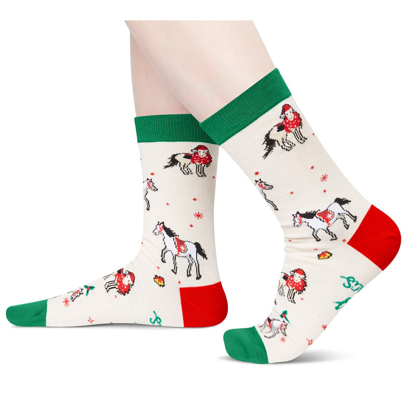 Christmas Gifts for Men Women - Green Christmas Stockings White Secret Santa Socks Xmas Stocking Stuffers for Horse Lovers Horse Gifts