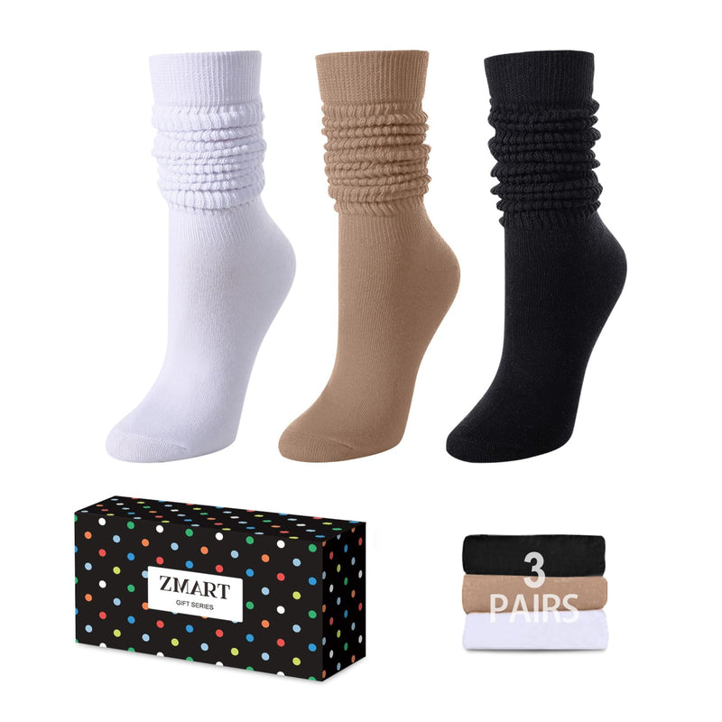 Slouch Socks for Women Girls - Scrunch Socks for Women Pack, Long High Tube High Socks White Black Tan 3 Pairs