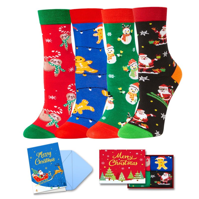 Christmas Gifts Stocking Socks for 7-9 years old Kids - Xmas Stocking Stuffers for Boys Girls 4 Pack with Greeting Card