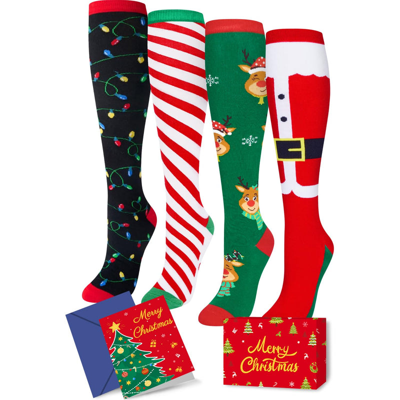 Christmas Gifts Stocking Socks for Girls - Christmas Knee High Light Up Santa Reindeer Twisted Socks, Stocking with Greeting Card for Kids 4 Pack