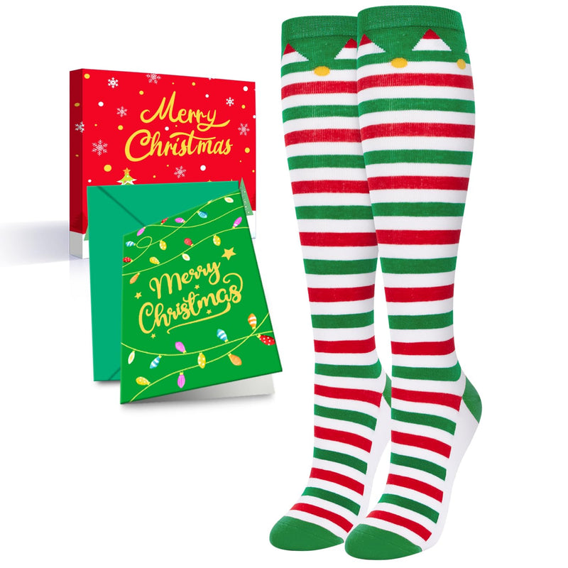 Christmas Gifts Stocking Socks for Women - Christmas Striped Knee High Elf Socks Red White Green Striped Socks