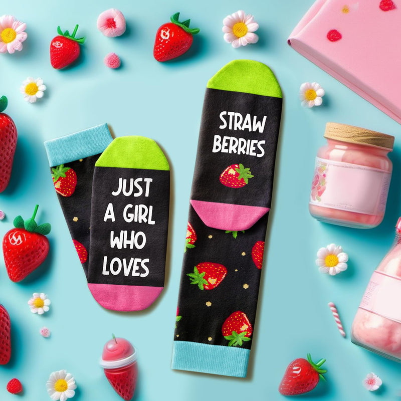 Funny Strawberry Gifts for Women Teen Girls - Strawberry Heart Fruit Socks, Mismatched Socks, Valentine's Day Fruit Gifts for Strawberry Lovers