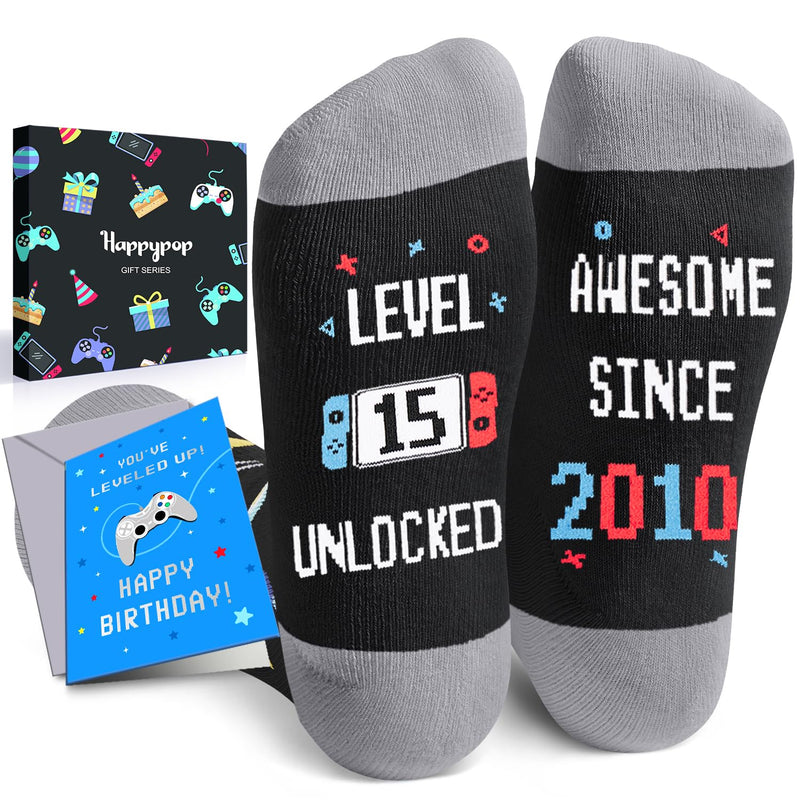 HAPPYPOP 15th Birthday Gifts Ideas for Boys - Socks for Teenager Boy Girl Age 15, Awesome Since 2010 Birthday Presents with Greeting Card