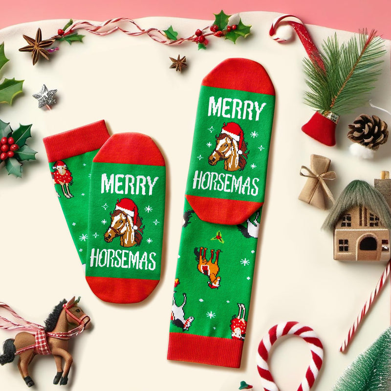 Christmas Gifts for Men Women - Green Christmas Stockings Red Secret Santa Socks Xmas Stocking Stuffers for Horse Lovers Horse Gifts