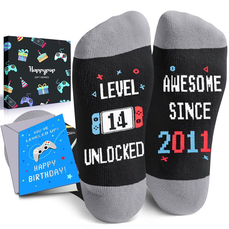 HAPPYPOP 14th Birthday Gifts Ideas for Boys - Socks for Boys Girls Age 14, Awesome Since 2011 Birthday Presents with Greeting Card