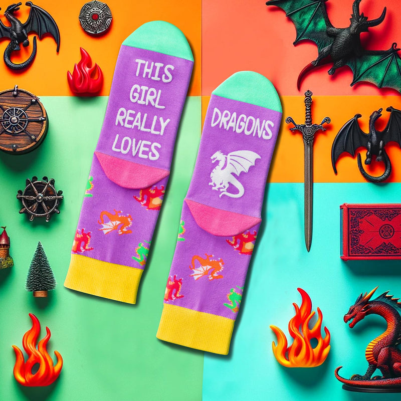 Crazy Dragon Gifts for Girls Kids - Silly Kids Girls Socks Dragon Girl Socks Dragon Stuff, Kids Socks for Girls 10-12 Years Old