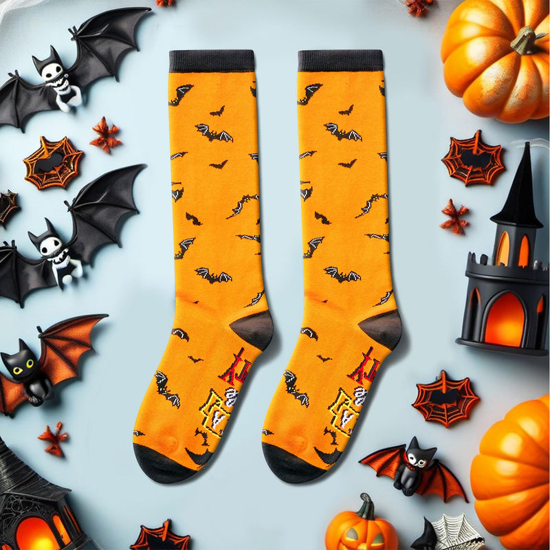 Halloween Gifts for Kids - Orange Halloween Knee High Socks for 4-6 Years Boys Girls, Bat Socks for Preteen