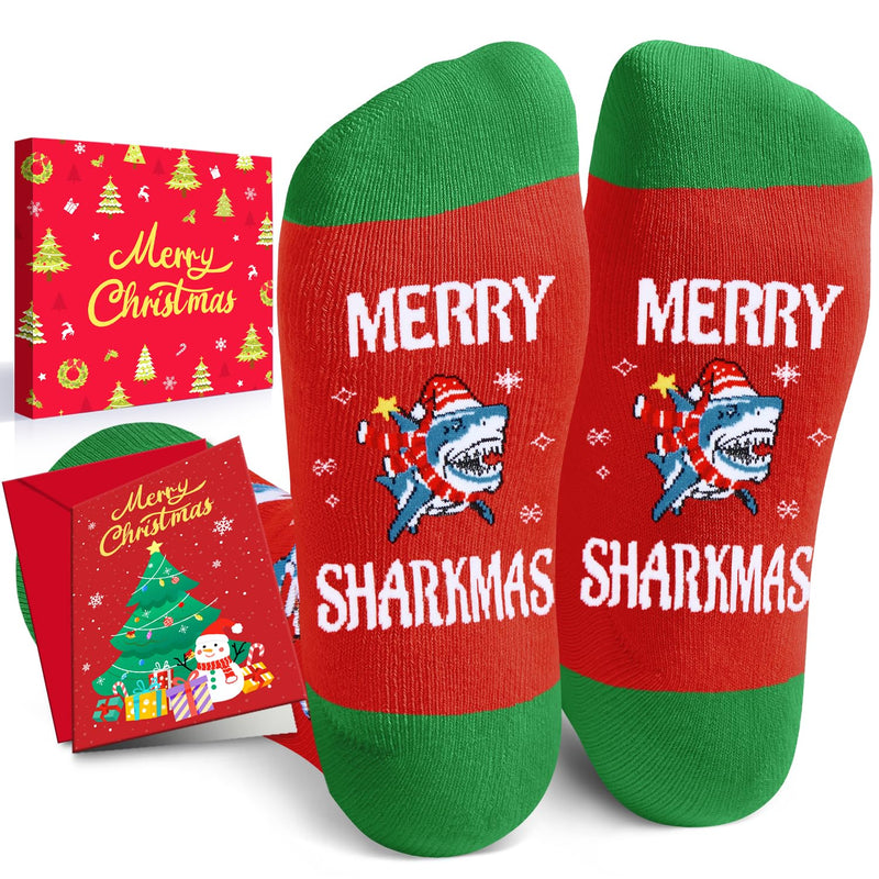 Christmas Gifts Stocking Socks for Teen Men Women - Secret Santa Socks Xmas Stocking Stuffers Greeting Card for Dad Mom Red Shark Ocean Animal